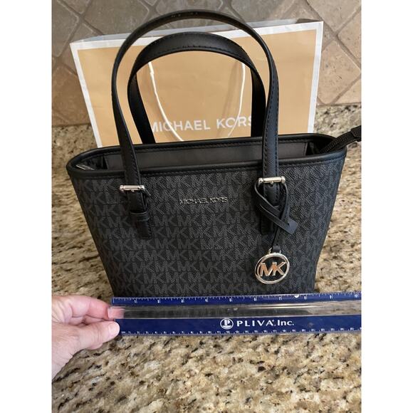 Michael Kors Jet Tote Bag Black Saffiano Logo Purse Satchel Handbag MK Charm - Picture 8 of 11